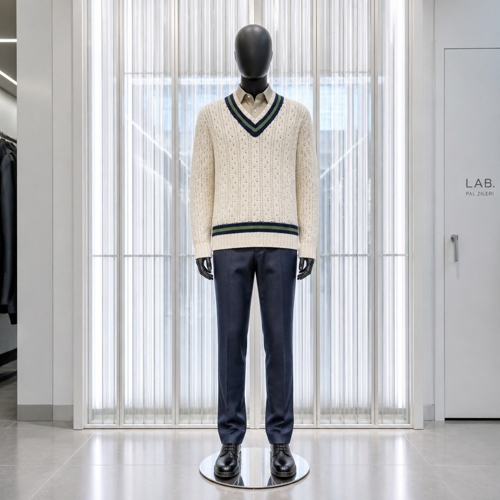 LOGG H&M Mens Wool Blend V-Neck Varsity Stripe Cable Knit Sweater Cream M Preppy - Picture 1 of 12
